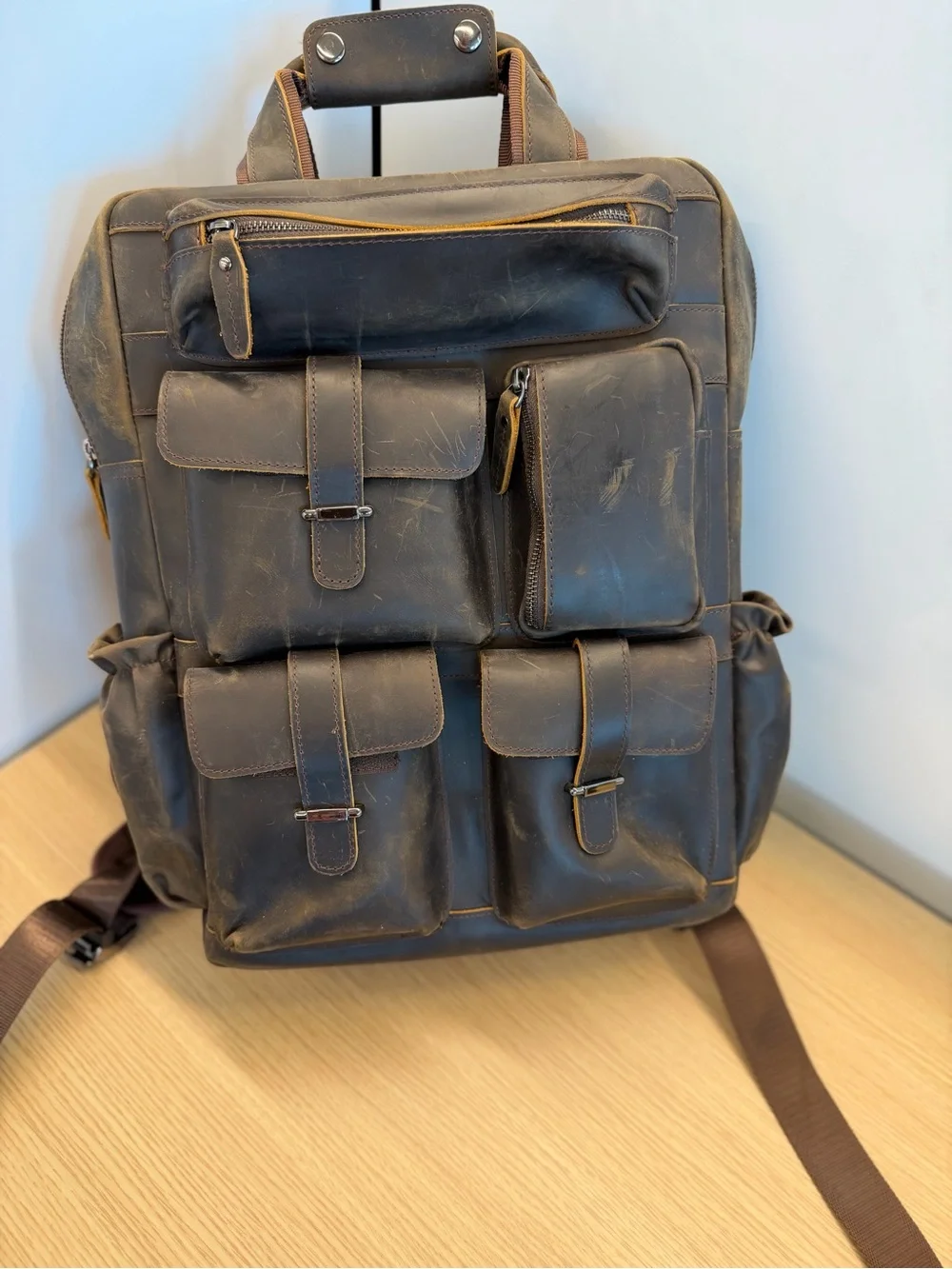 Brown Leather Laptop Backpack with Multiple Front Pockets